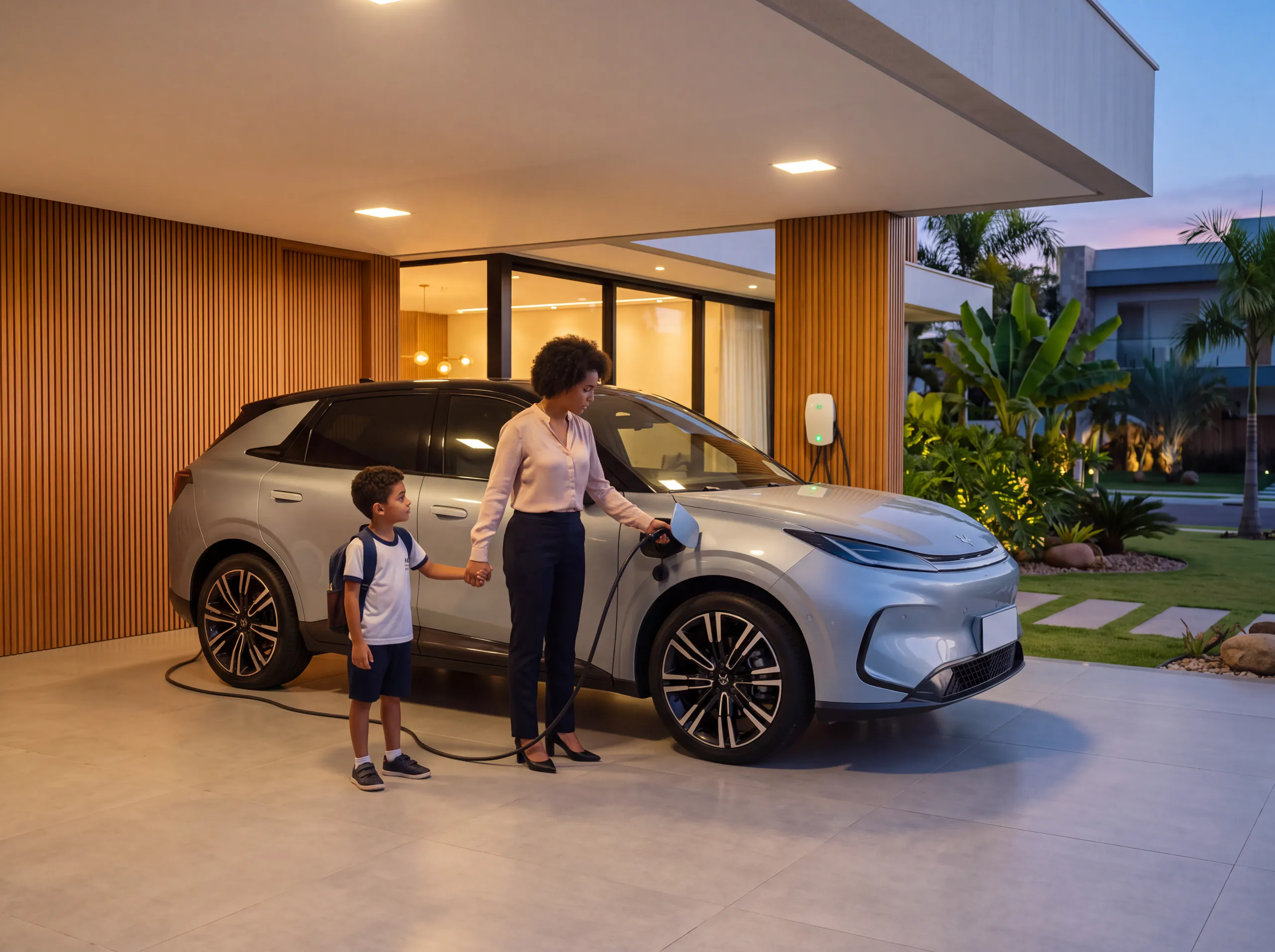 À noite, em casa, mãe e filho conectam o Arcfox T1 ao carregador de parede da garagem.